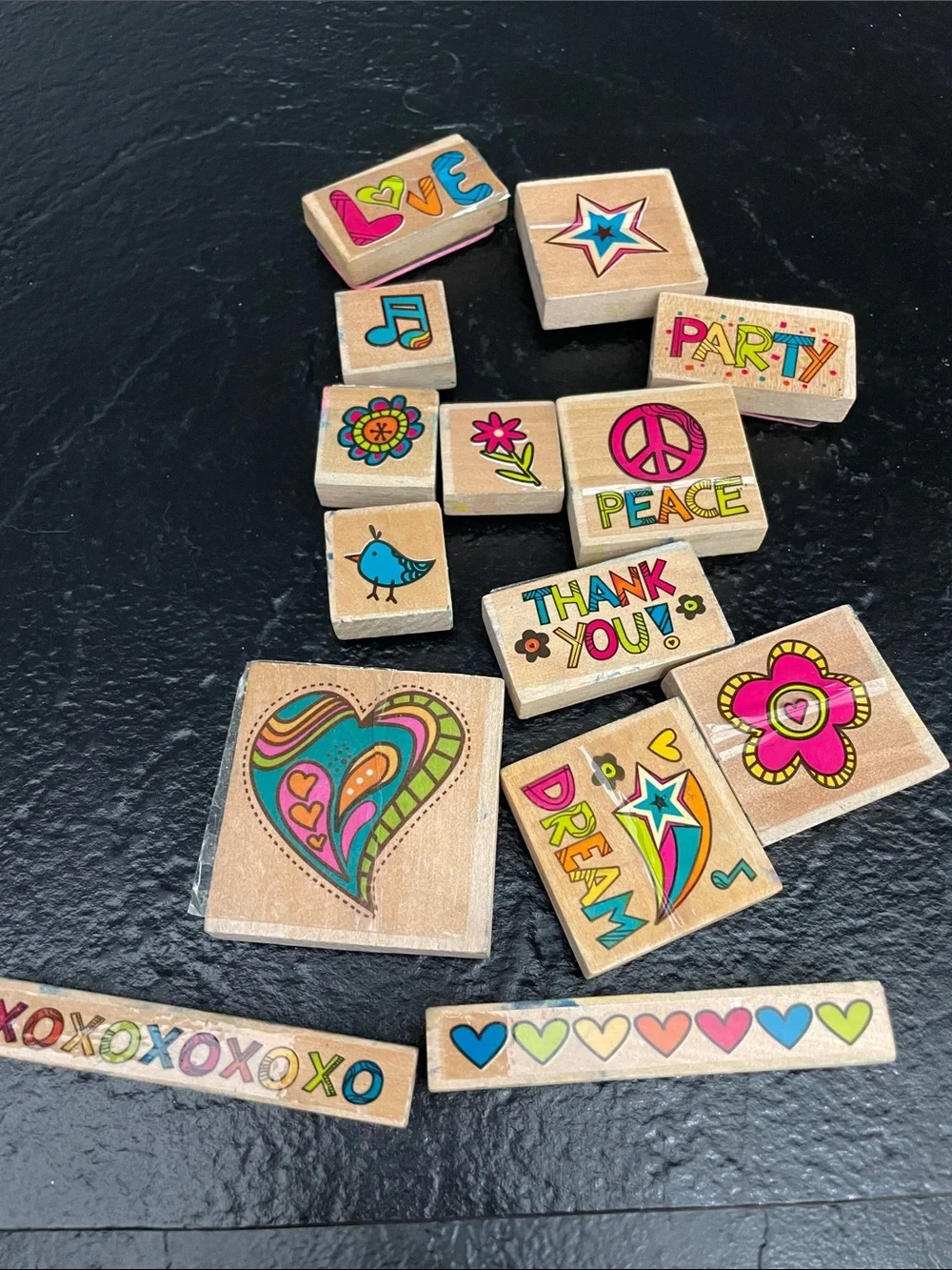 Wood Stamp Set with Colorful Pink and Multicolor Designs